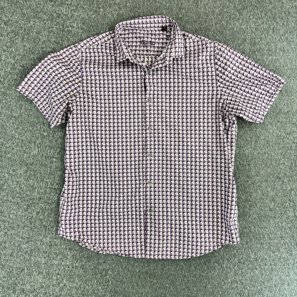 Tasso Elba Mens Short Sleeve Button Up Shirt XL Lavender Geometric Cotton